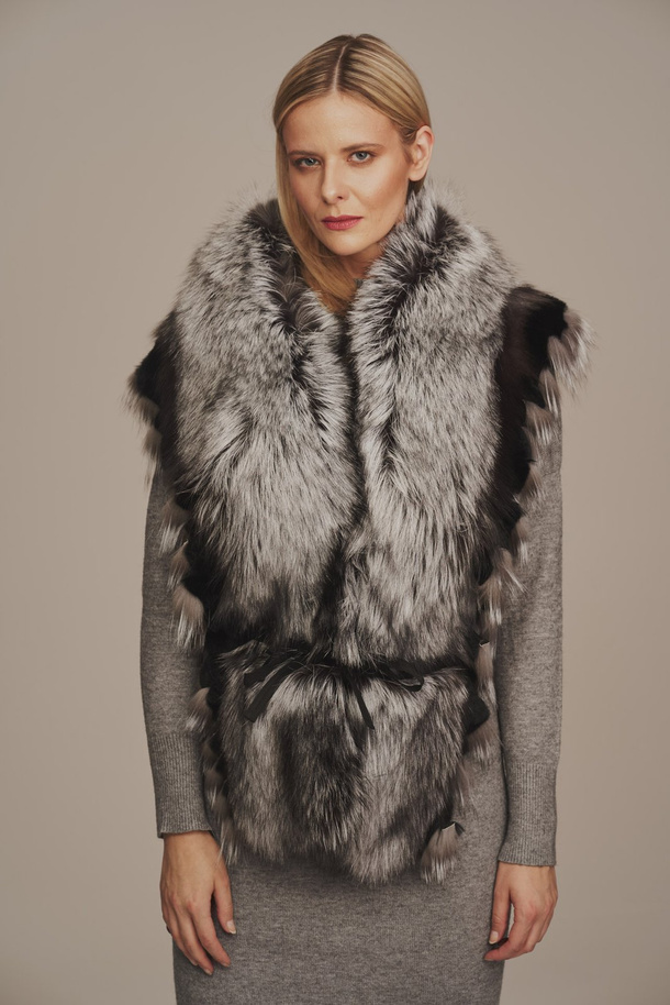 Guler elegant din blană naturală de vulpe argintie cu ciucuri