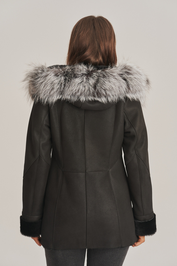 Haină de damă neagră cu glugă, din piele naturală de miel 