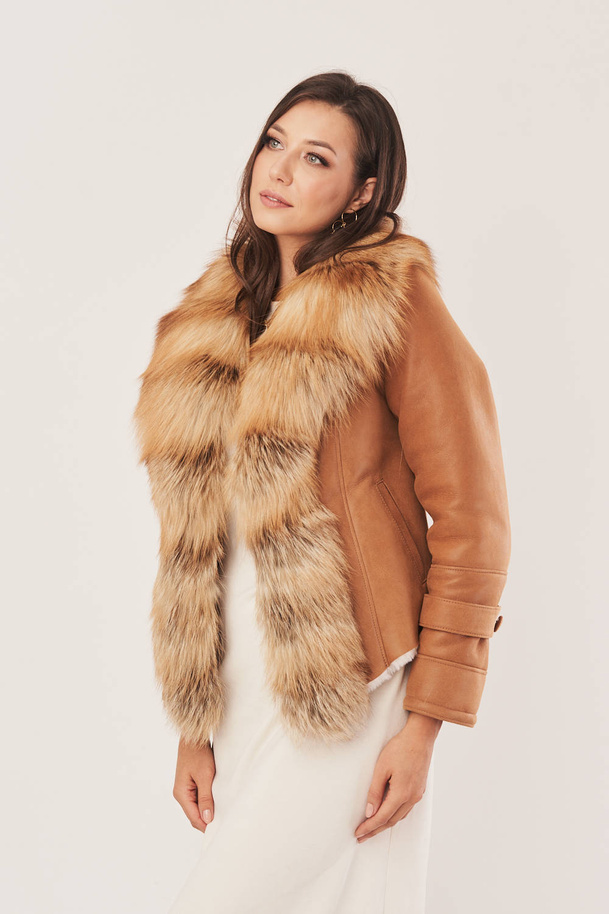 Cojoc din piele și blană naturală de miel, guler și manșete din blană de vulpe, femei
