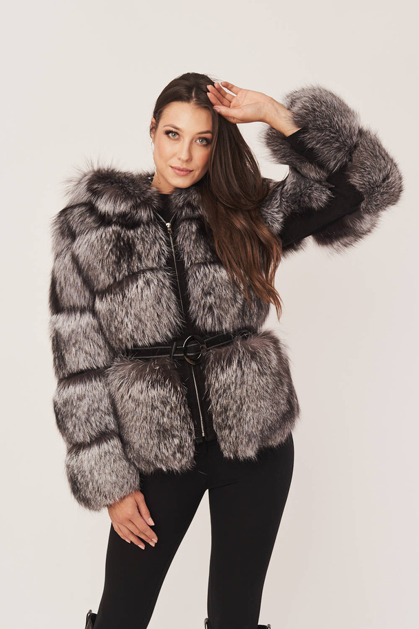 Jachetă elegantă de damă din blană de vulpe argintie cu glugă 