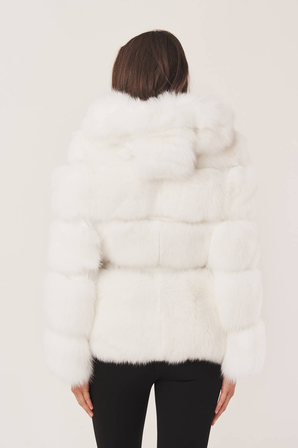 Jachetă elegantă de damă din blană naturală de vulpe albă și piele