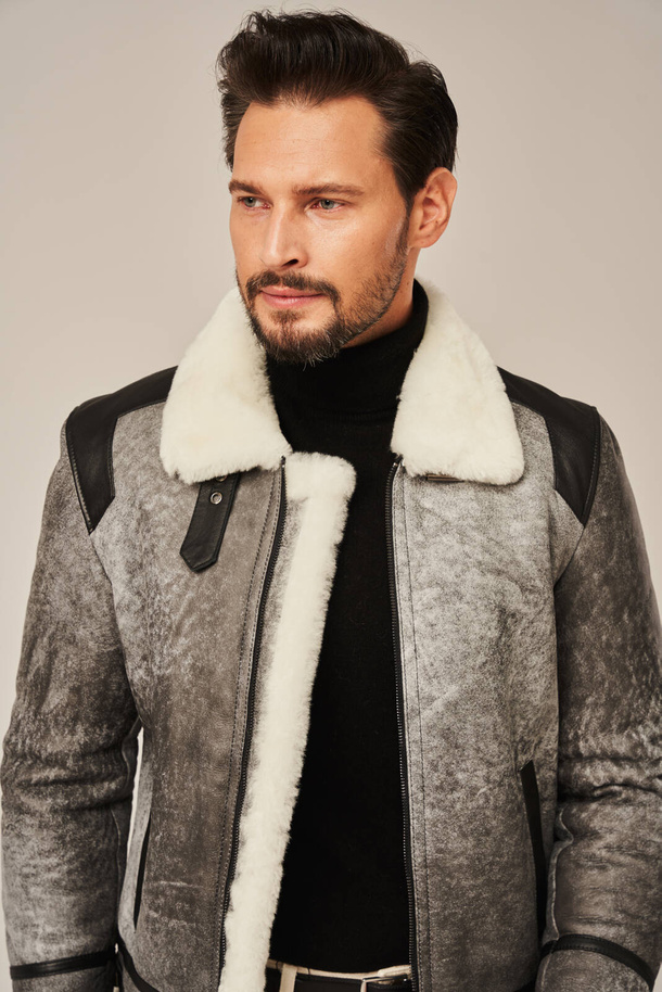 Jachetă de iarnă din piele de oaie pentru bărbați, gri – stil aviator cu blană naturală