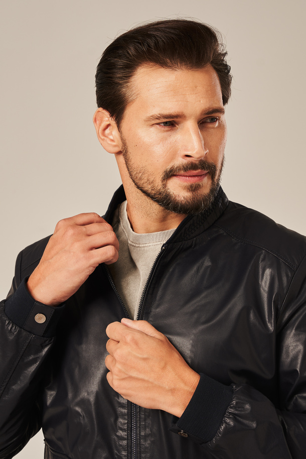 Geacă de piele bărbătească bleumarin