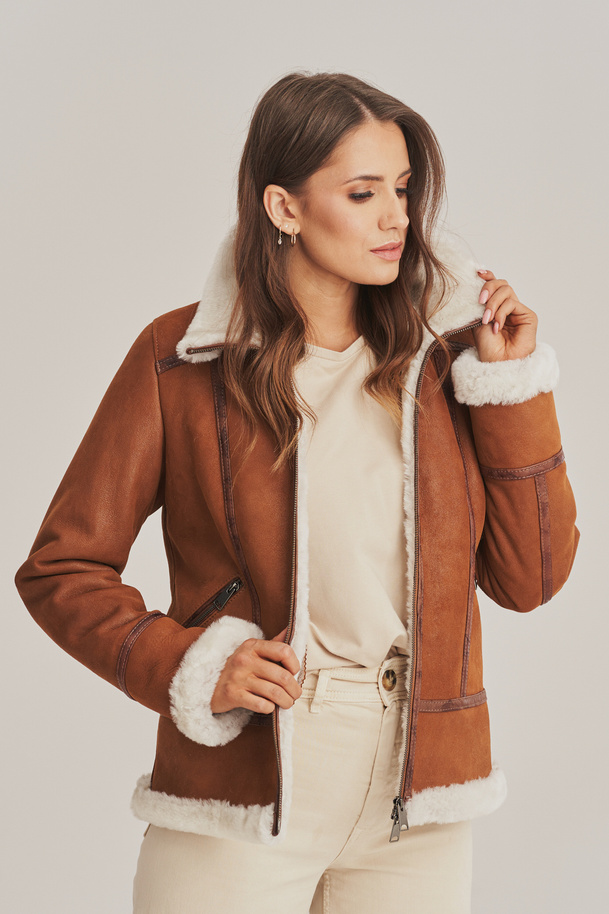 Haină scurtă de damă din piele de oaie, stil aviator, maro