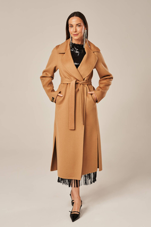 Palton lung damă bej din lână naturală Zibellino – croială clasică și materiale premium