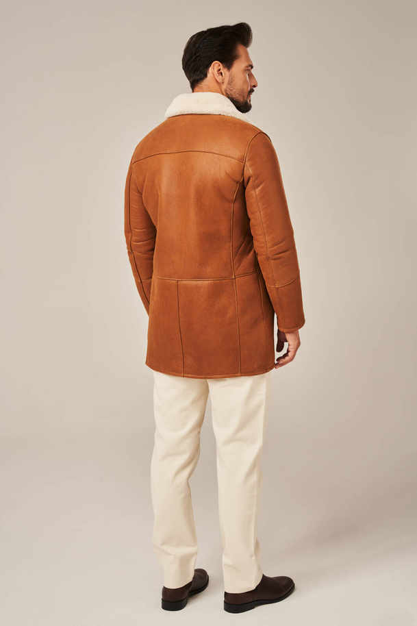 Palton bărbătesc lung de iarnă, culoare roșcată, din piele naturală de miel