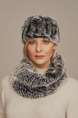 Fular elegant din blană naturală rex chinchilla în nuanță argintie, cu bază elastică