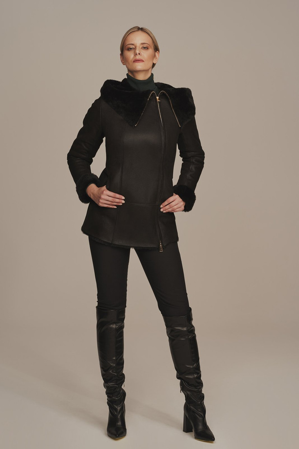 Cojoc damă negru cu glugă, din piele naturală de miel