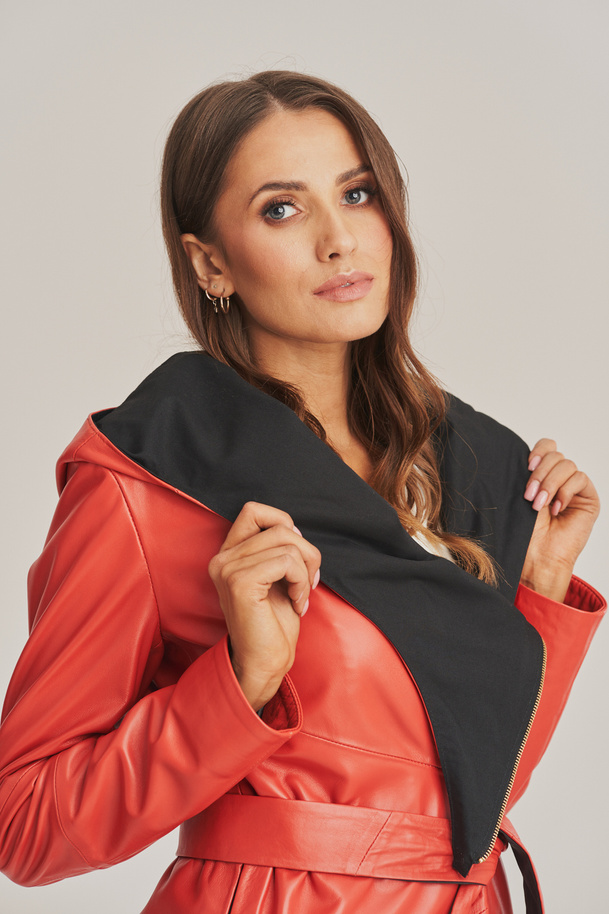 Palton de damă din piele naturală eleganță coral