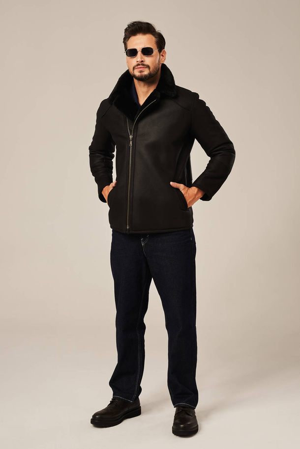 Haină naturală de blană pentru bărbați, neagră clasică – palton călduros și elegant