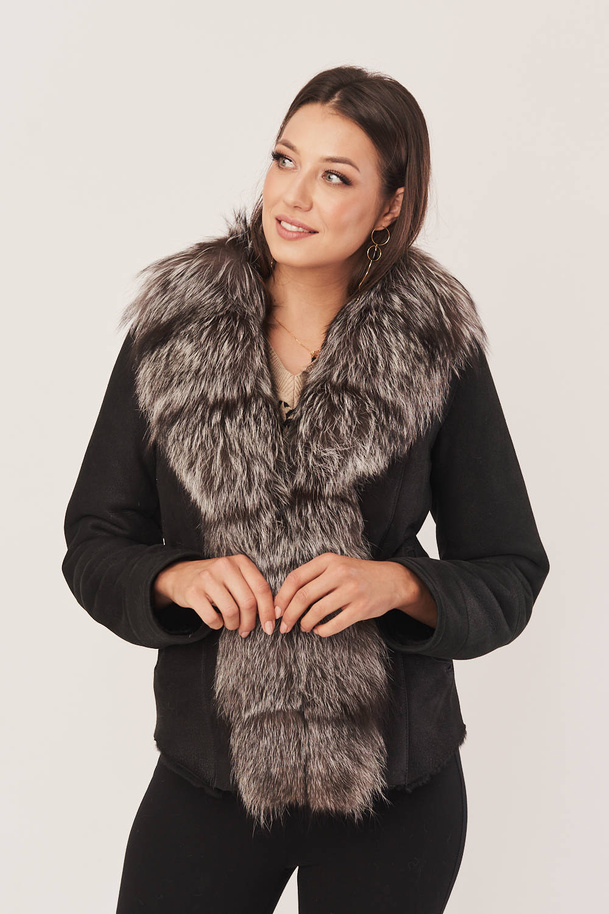 Jachetă de iarnă din piele de miel cu garnitură din blană de vulpe, neagră