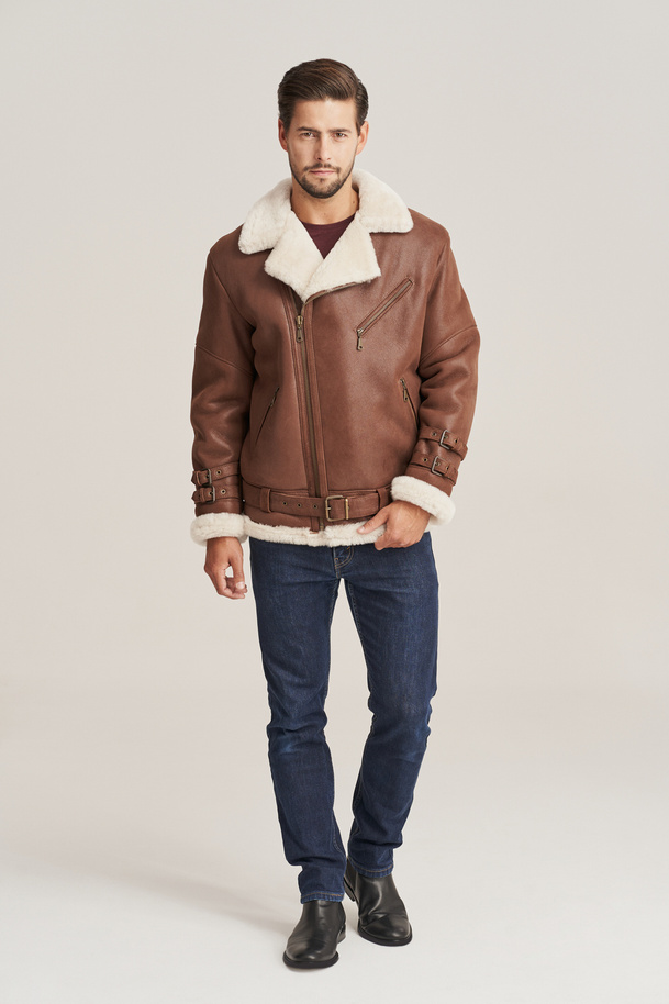 Haină bărbătească maro din piele de miel – geacă de iarnă călduroasă și stilată