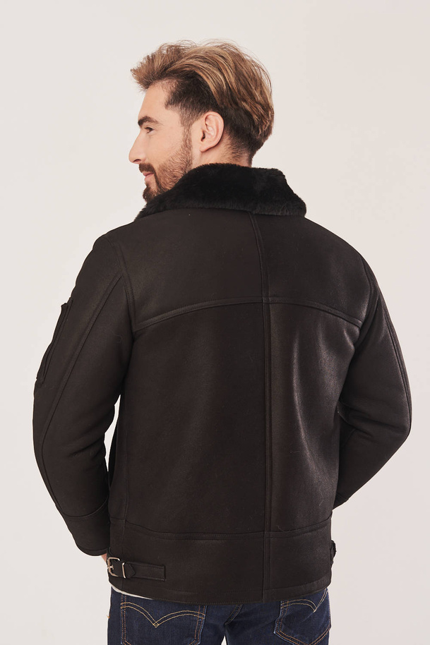 Geacă pilot bărbătească de iarnă neagră din piele naturală de miel