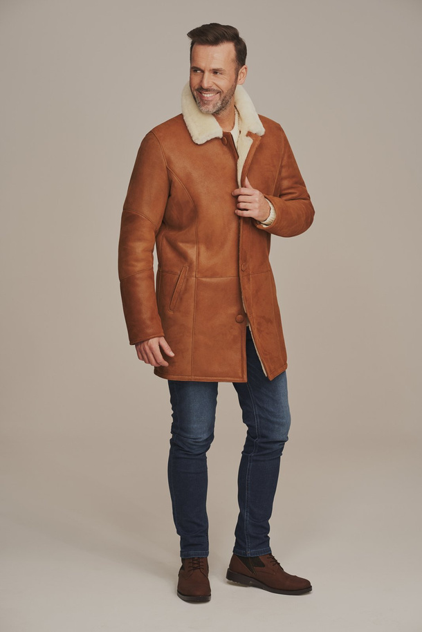 Palton de iarnă pentru bărbați cu blană naturală – culoare roșcată pe păr alb