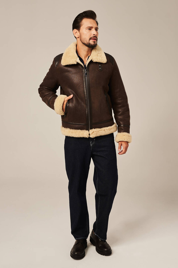 Cojoc bărbătesc pilotă din piele naturală de miel, maro închis