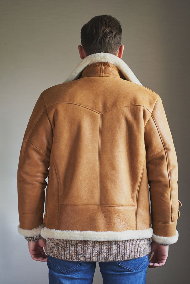 Jachetă bărbătească aviator din piele naturală de miel – culoare ruginie cu blană albă