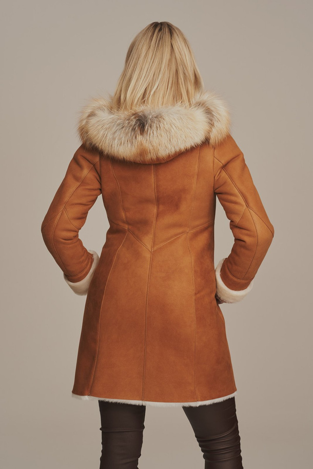 Palton de iarnă pentru femei cu glugă din piele de miel și garnitură din blană de vulpe