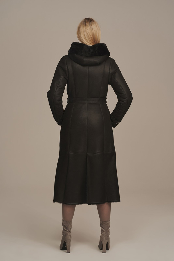 Palton elegant de damă din piele naturală de miel, cu glugă – călduros, ușor și moale, culoare neagră