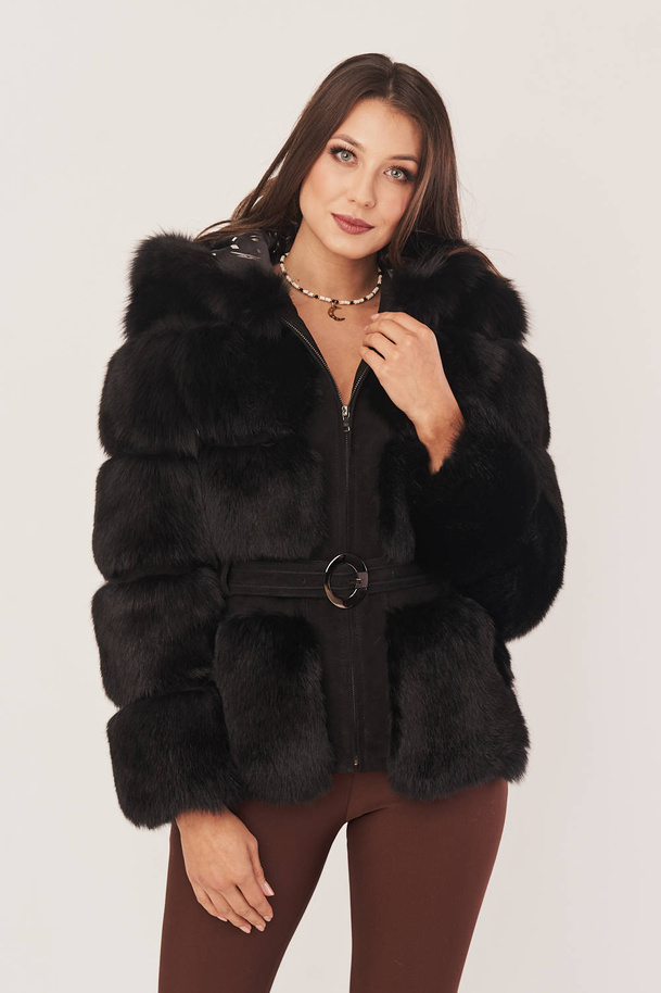 Jachetă elegantă de damă din blană de vulpe neagră și piele naturală