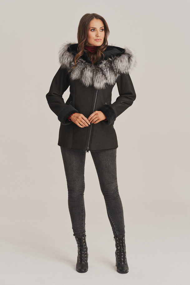 Haină de damă neagră cu glugă, din piele naturală de miel 