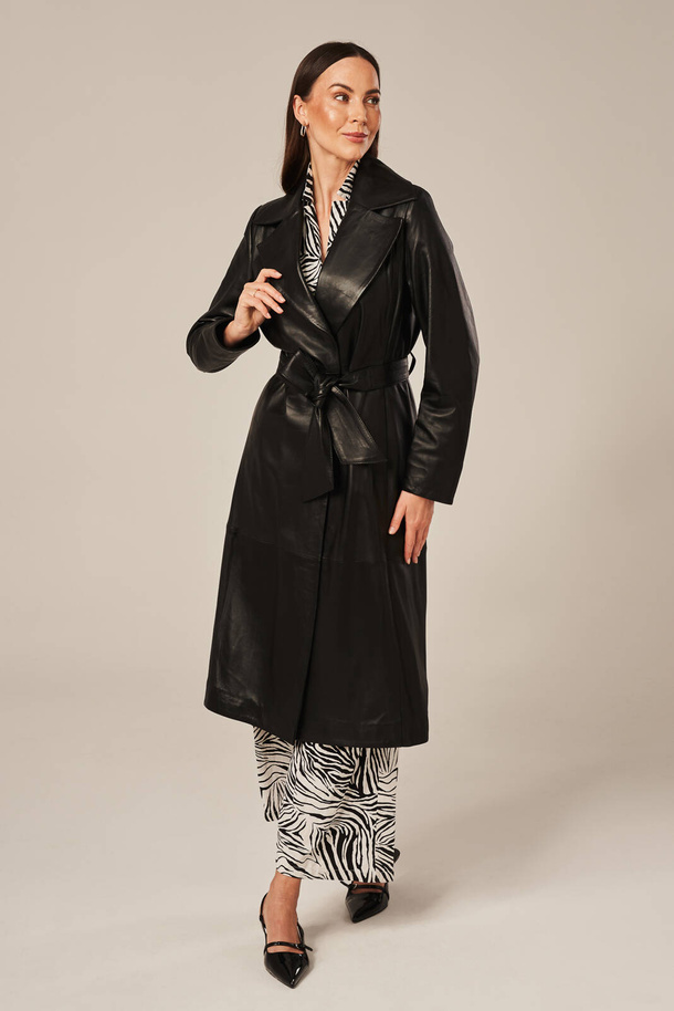 Palton damă din piele naturală neagră | Elegant, lung peste genunchi