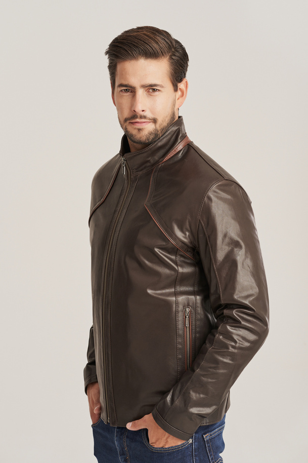 Geacă de piele naturală bărbătească maro – fermoar, guler tunică