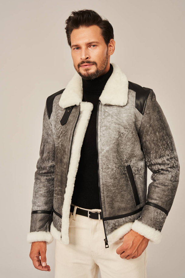 Jachetă de iarnă din piele de oaie pentru bărbați, gri – stil aviator cu blană naturală