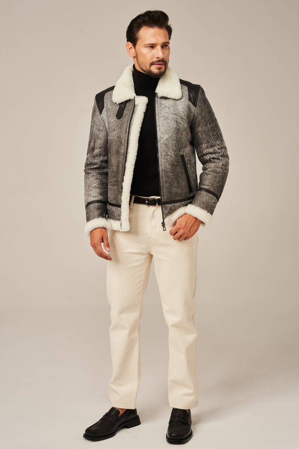 Jachetă de iarnă din piele de oaie pentru bărbați, gri – stil aviator cu blană naturală