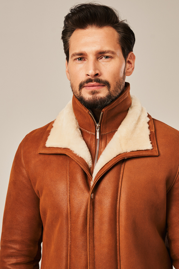 Cojoc bărbătesc de iarnă din piele de miel, culoare coniac