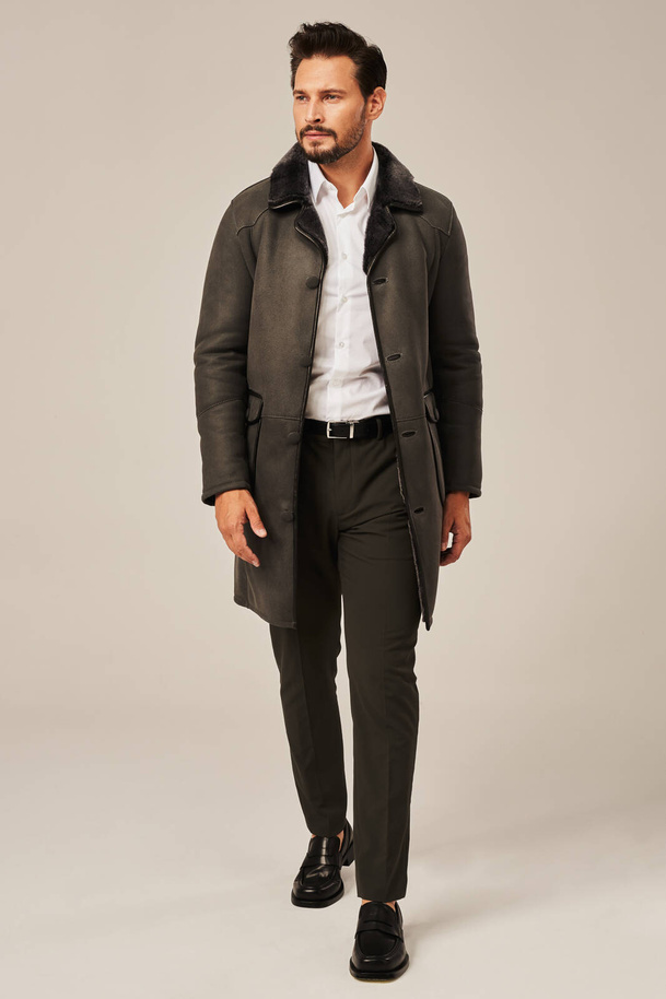 Palton bărbătesc din piele de miel naturală – lung, gri