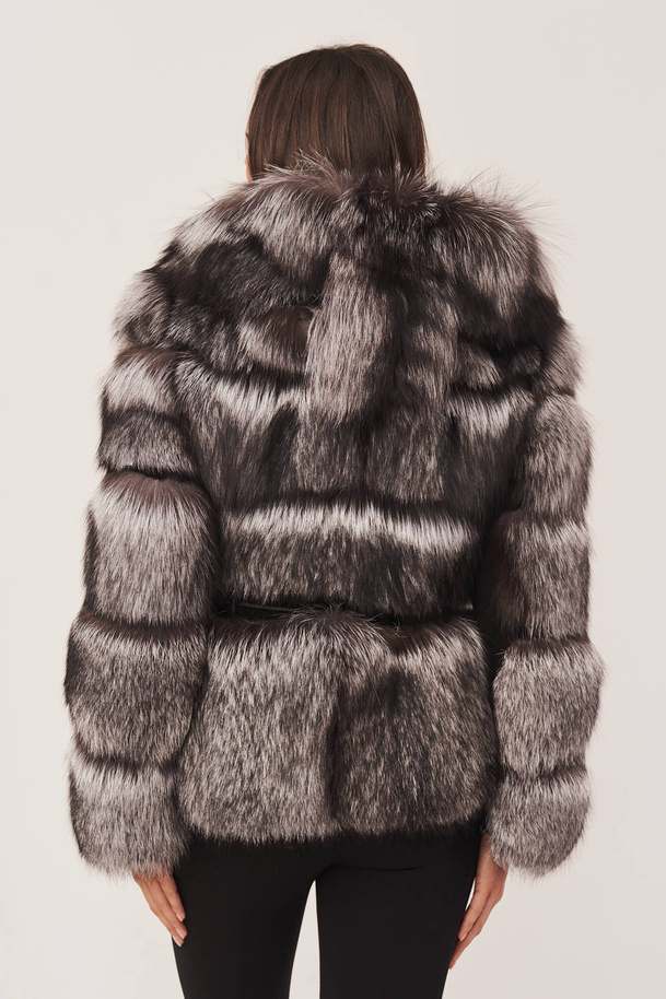 Jachetă elegantă de damă din blană de vulpe argintie cu glugă 