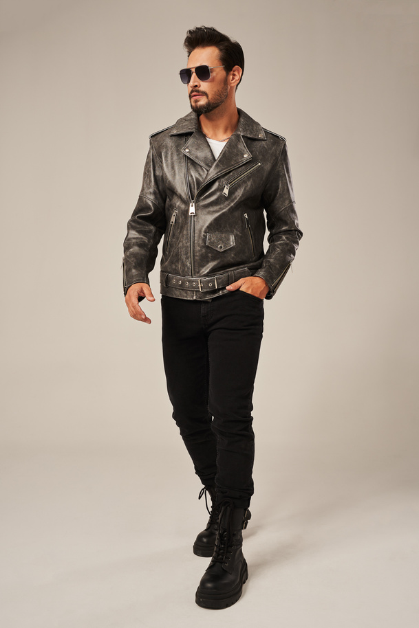 Geacă de piele tip biker bărbătească gri
