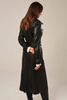 Palton lung de damă tip trenci, din piele naturală neagră de miel
