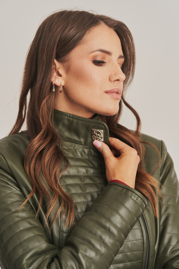 Palton de damă din piele naturală verde măsliniu