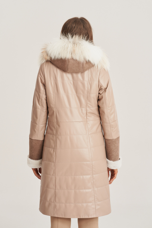 Palton damă lungime până la genunchi, din piele naturală de miel în nuanțe cappuccino