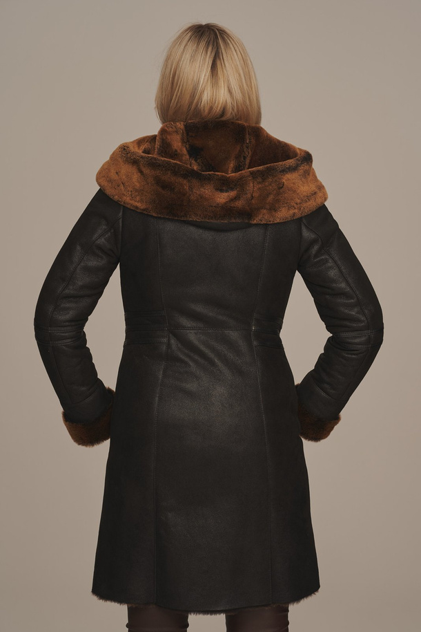 Cojoc damă lung de iarnă din piele de miel, culoare grafit, cu glugă