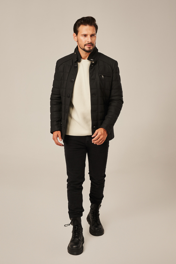 Geacă de piele bărbătească neagră, mată, cu design matlasat