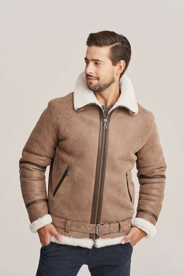 Geacă pilot bărbătească de iarnă – din piele naturală de miel, stil aviator, culoare bej