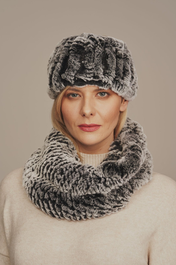 Fular elegant din blană naturală rex chinchilla în nuanță argintie, cu bază elastică