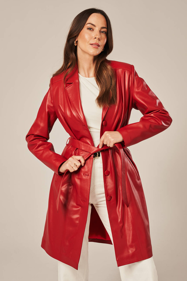 Palton roșu clasic de damă din piele naturală de miel