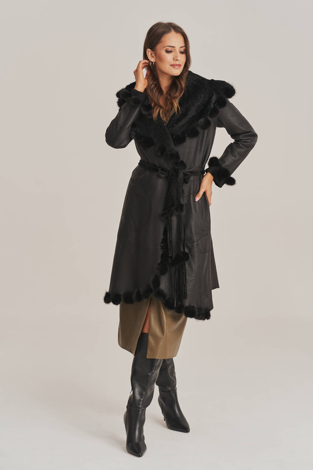 Palton elegant de iarnă pentru femei din lână cu blană negru