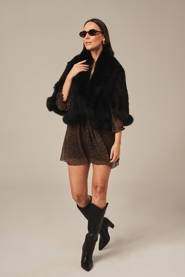 Bolero negru din blană naturală de nurcă cu mâneci scurte și blană de vulpe