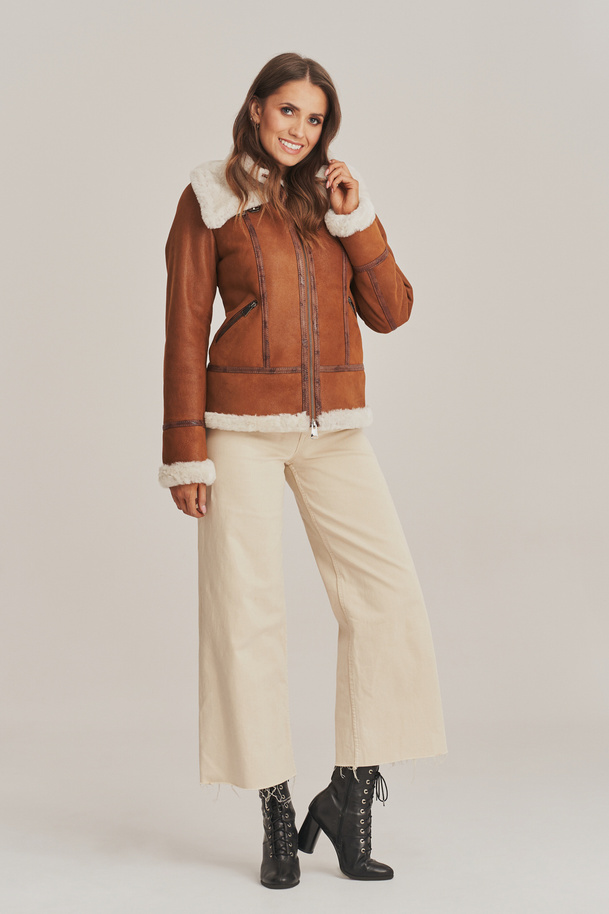 Haină scurtă de damă din piele de oaie, stil aviator, maro