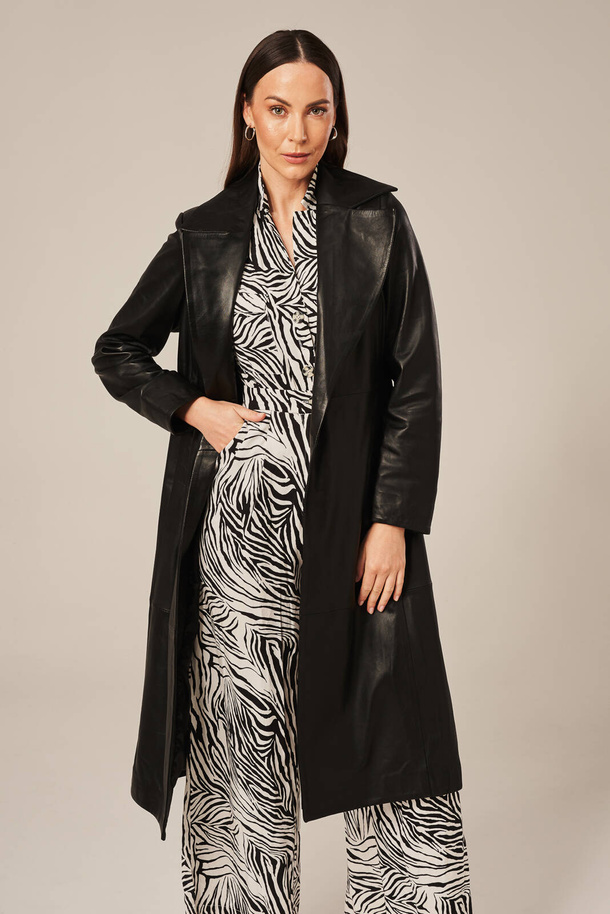 Palton damă din piele naturală neagră | Elegant, lung peste genunchi