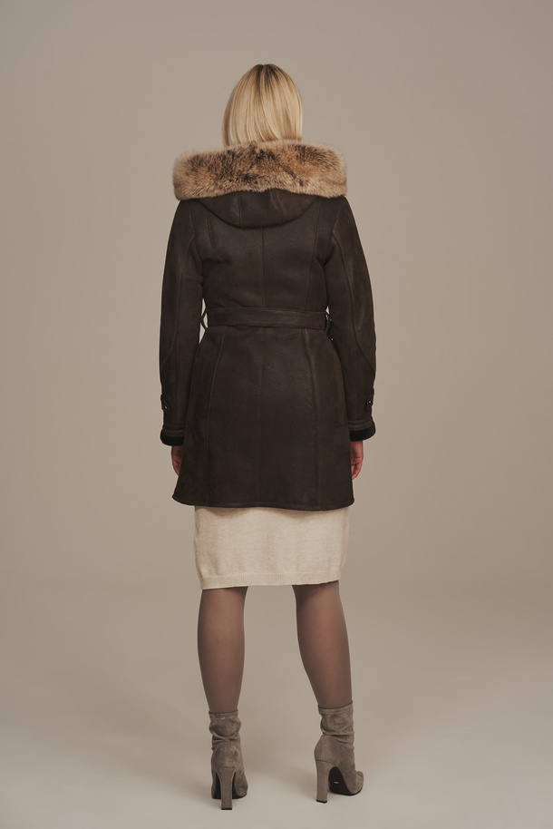 Cojoc damă din piele de miel cu glugă – culoare maro închis, lungime medie
