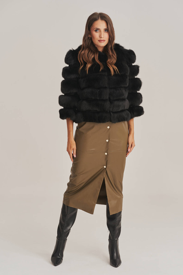 Haină de blană elegantă pentru femei, din blană naturală de vulpe și piele naturală de miel neagră