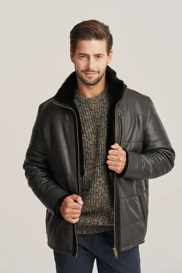 Geacă de iarnă din piele naturală pentru bărbați cu glugă și blană