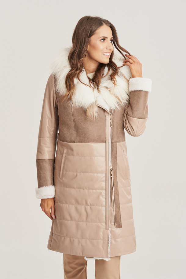 Palton damă lungime până la genunchi, din piele naturală de miel în nuanțe cappuccino
