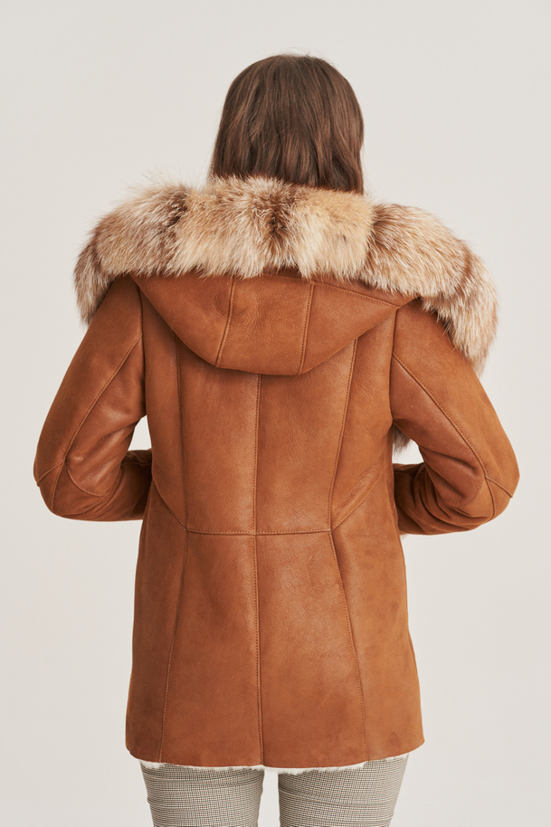 Jachetă scurtă de blană pentru femei, culoare maro, din piele naturală de miel cu glugă și blană de vulpe