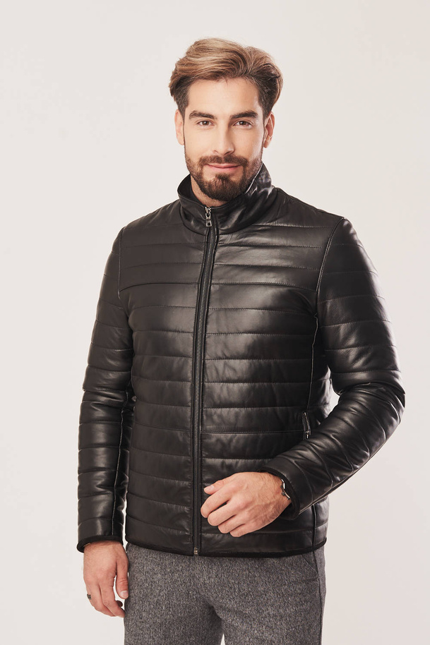 Geacă de piele neagră pentru bărbați căptușită – piele naturală de miel, geacă de toamnă călduroasă